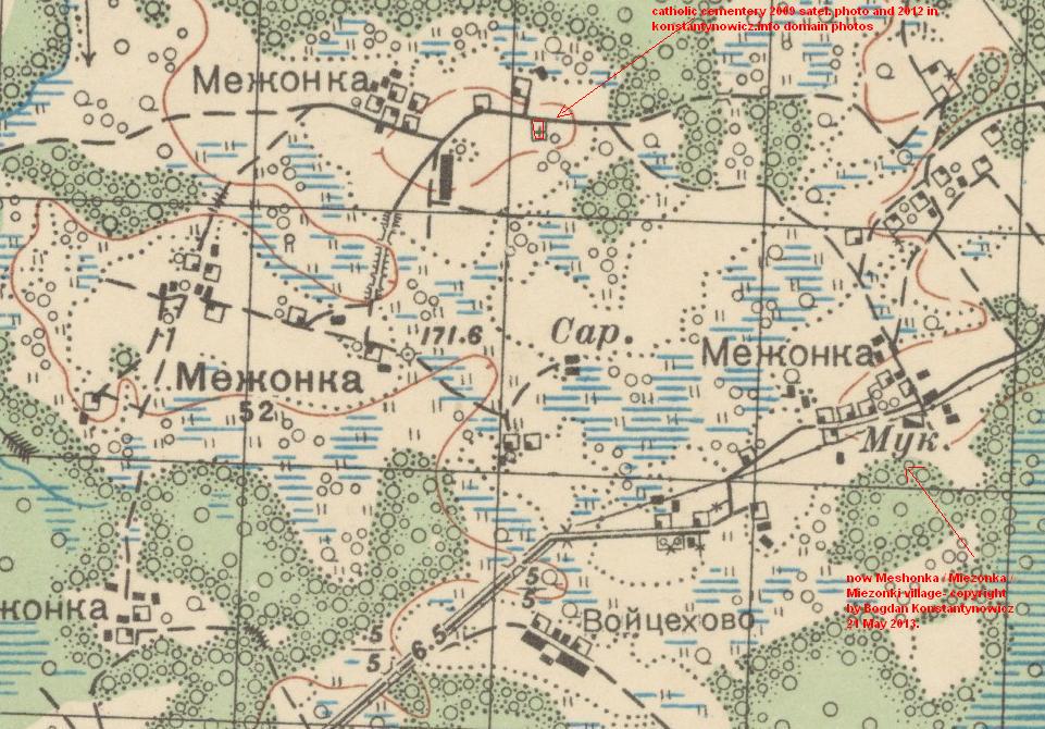 Okolica szlachecka Miezonka w 1936 roku przed Wielkimi Czystkami w Sowietach. Obok cmentarza kilka domow oraz na poludniowy-zachod od cmentarza zabudowania.  Na poludniowy-wschod wies Miezonki / Miezonka - znana ze zdjec z roku 2012. Copyright by  Bogdan Konstantynowicz.  Ponizej tez inna mapa sowiecka z 1936 ale brakuje na niej juz domu kolo cmentarza.