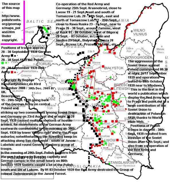 28 - 30 wrzesnia 1939 roku, przyblizone pozycje Sowietow, Niemcow i Polakow.