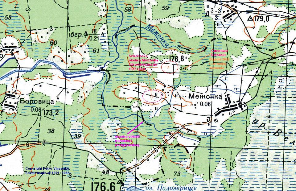 Miezonka na mapie sowieckiej 1951 / 1982. Copyright by http://download.maps.vlasenko.net/smtm100/n-36-063.jpg